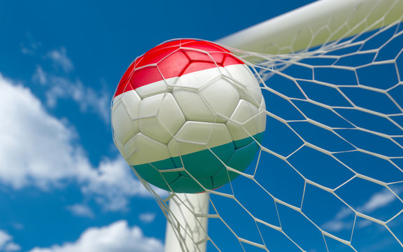 Flag of Luxembourg and soccer ball in goal net