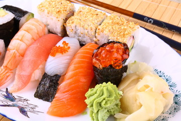 Tasty sushi with red caviar and wasabi