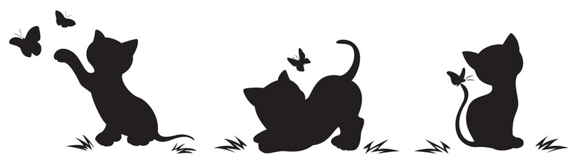 Silhouettes of cats with butterflies - obrazy, fototapety, plakaty