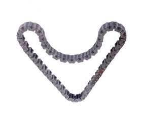 used and dirty Automotive timing chain shaped like a heart  isolated on white