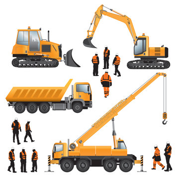 Construction machines and workers