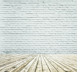 Brick wall room and wooden floor. Background