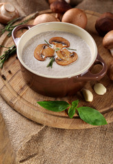 Fototapeta premium Mushroom soup in pot, on napkin, on wooden background