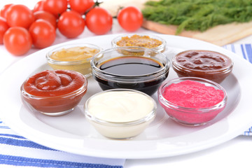 Various sauces on table close-up