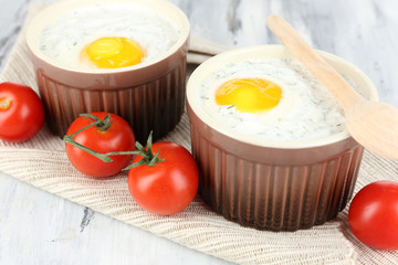 Baked eggs close up