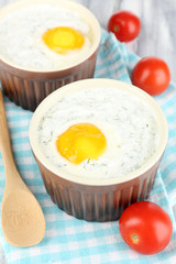 Baked eggs close up