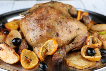 Whole roasted chicken with vegetables