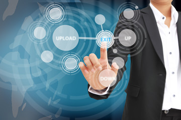 hand of business woman pushing a button on a touch screen interf