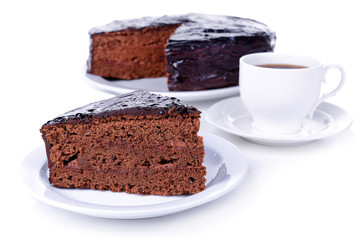 Delicious chocolate cake isolated on white