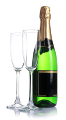Bottle of champagne and empty glasses, isolated on white