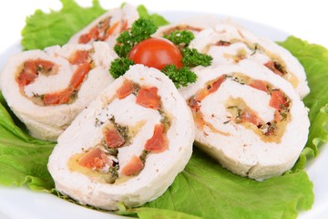 Delicious chicken roll on plate close-up