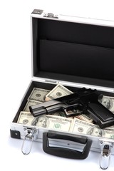 Case with money and gun, isolated on white