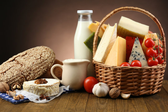 Basket with tasty dairy products