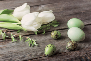 green easter eggs  and tulips on wooden background