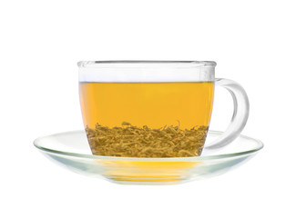 Transparent cup of green tea isolated on white