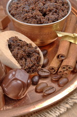 Brown sugar, cinnamon sticks and coffee beans, chocolate candy