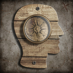 Human head and old compass. Path finding, idea concept.