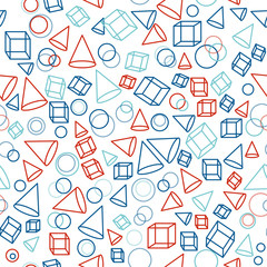 Seamless background with geometric pattern. Geometric figures on a white background. Seamless vector geometric illustration. Varicolored сubes, cones, balls as a seamless pattern.