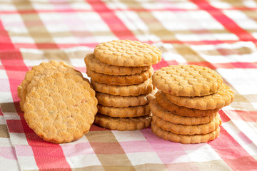 Round cookies on a table