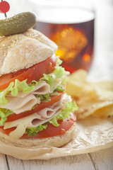 Fresh and tasty sandwich with ham, cheese