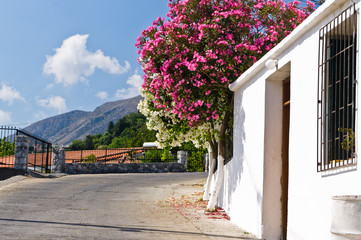 Road through mountain village in typical mediterranean colors