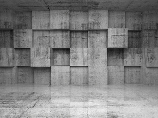 Abstract empty concrete interior with cubes on the wall