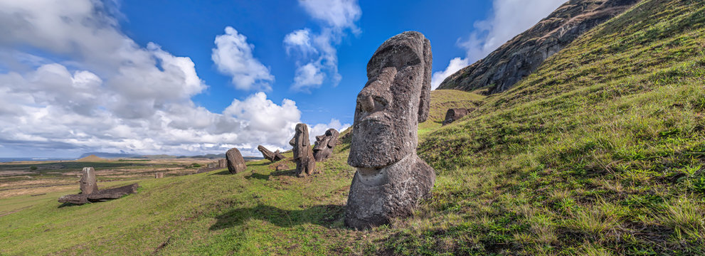 Moais at the quarry of Rano Raraku, Easter Island, Chile.