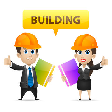 Builders man and woman showing thumbs up