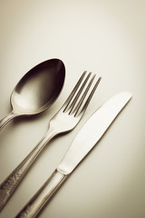 Cutlery. Fork, knife and spoon.