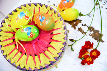 Easter eggs, basket, paper hen
