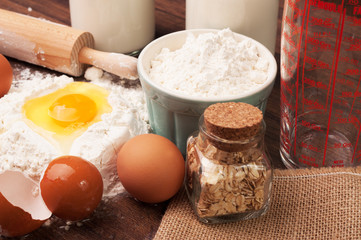 Home ingredients on the table for bread preparation