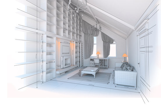 3D interior room with fireplace with architectural dimensions