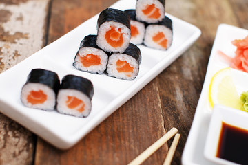 Salmon sushi set in a plate