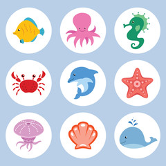 Naklejka premium Vector set of cute cartoon sea animals