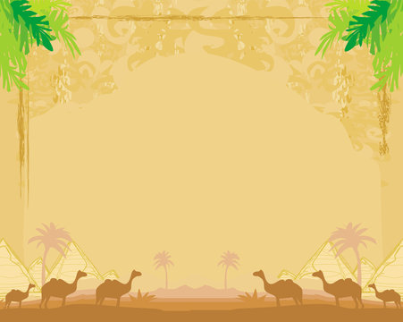 camel caravan in wild africa - abstract grunge frame