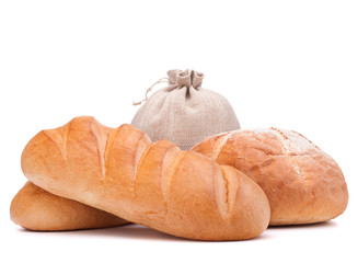 fresh bread and flour sack isolated on white background cutout