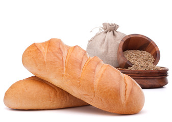 Bread, flour sack and grain isolated on white background cutout
