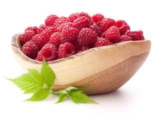 raspberries in wooden bowl