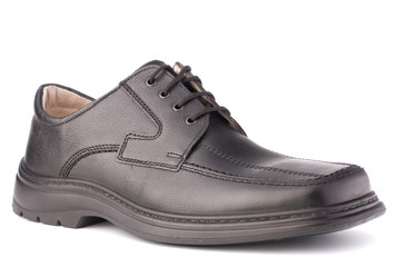 Black glossy man’s shoe with shoelaces