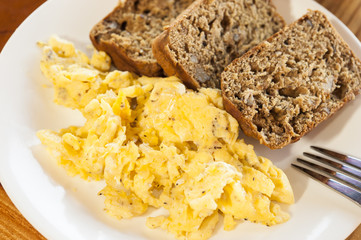 Scrambled eggs and Banana Bread