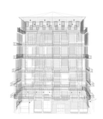 Highly detailed building. Wire-frame render