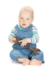 Small cute baby boy worker in jeans