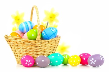 Easter basket filled with colorful eggs