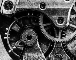 Close up view of vintage clock's gears