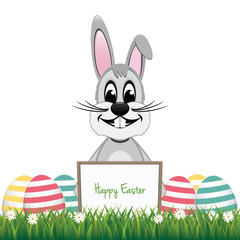 gray bunny behind board colorful eggs isolated background