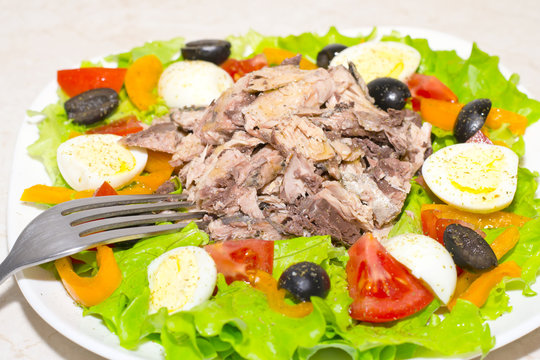 Delicious Salad with Tuna, Tomatoes, Eggs, Olives and Peppers