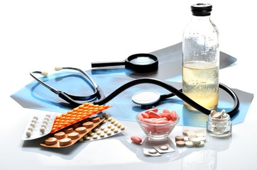 Still life of medical items used by doctors to treat