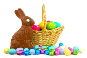 Chocolate bunny and candy with Easter basket