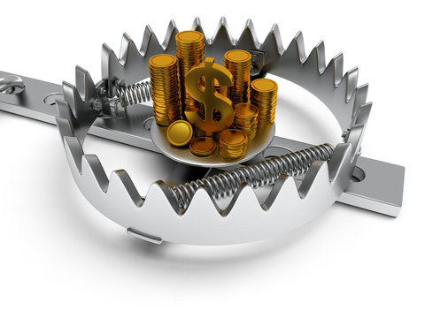 Metal animal trap with money isolated on white