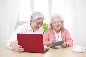 Fototapeta na wymiar .Senior couple using laptop and calculator.